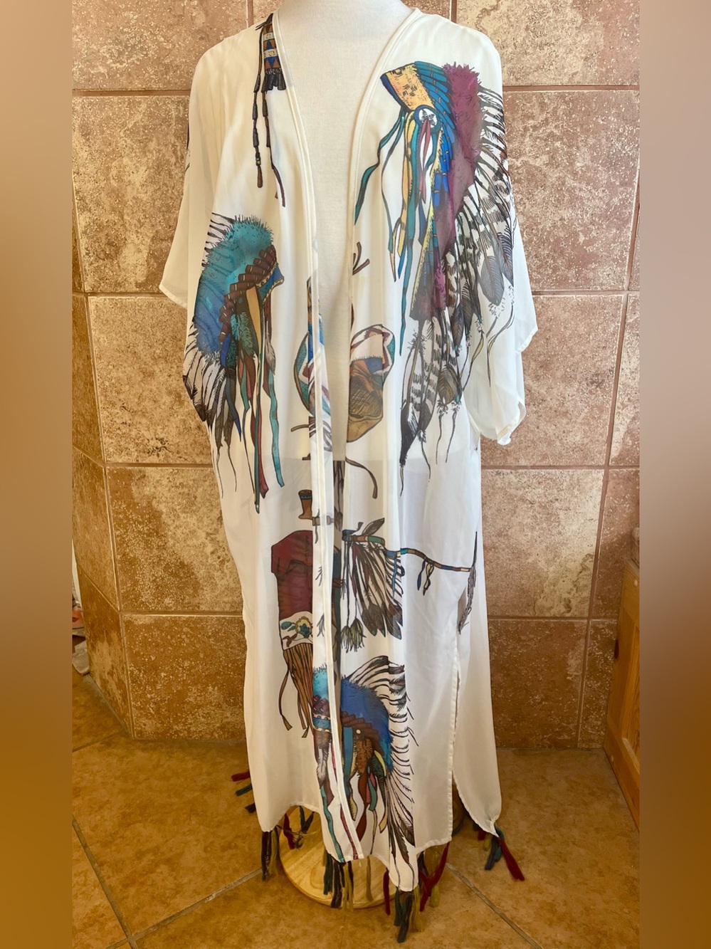 Double D Ranch Native American Feather-Print Kimono Duster Size 2X NWT.